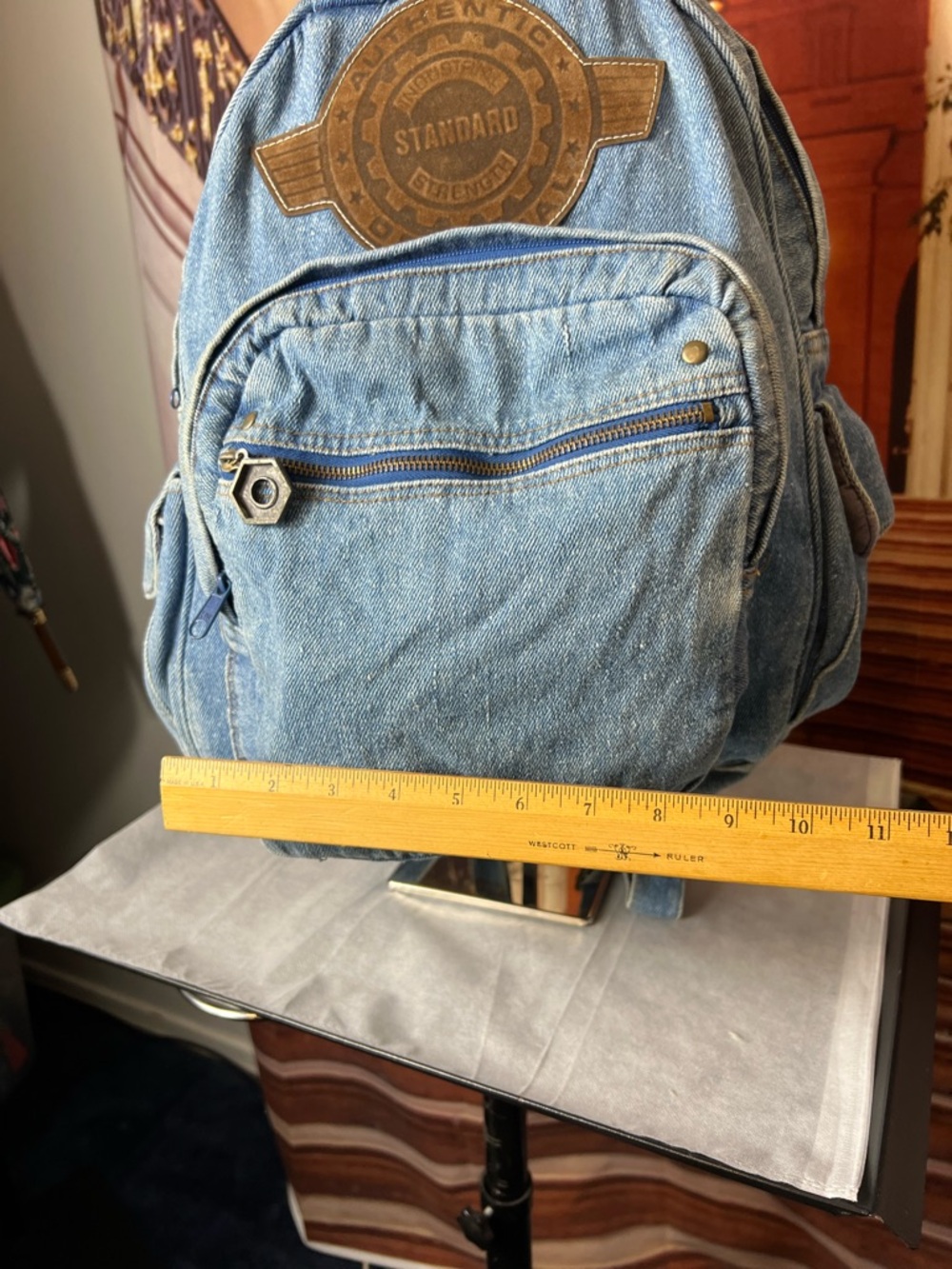 Vintage Gitano Blue Denim Backpack, top zip, front zip compartments, side pocket - Picture 10 of 15